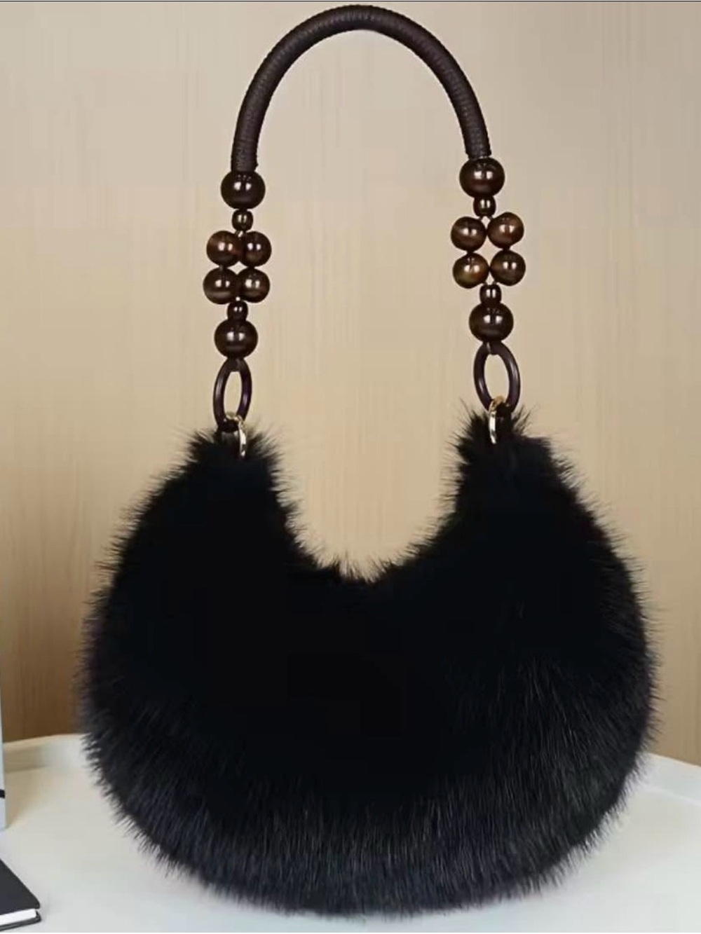 Black Faux Fur Bead-Handle Shoulder Bag